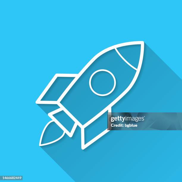 rocket. icon on blue background - flat design with long shadow - space rocket 3d stock illustrations