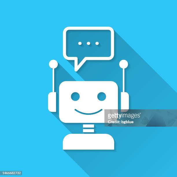 chatbot with speech bubble. icon on blue background - flat design with long shadow - chatbot stock illustrations