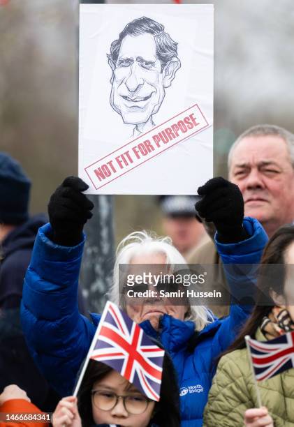 Protesters ahead of the visit of King Charles III to Milton Keynes, which is celebrating its new status as a city, awarded as part of The late...