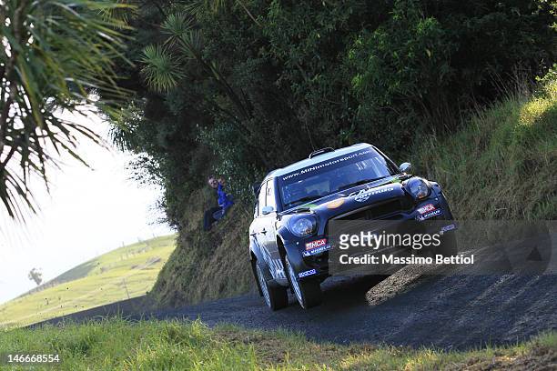 Armindo Araujo of Portugal and Miguel Ramalho of Portugal compete in their WRC Team Mini Portugal Mini John Cooper Works WRC during the shakedown of...
