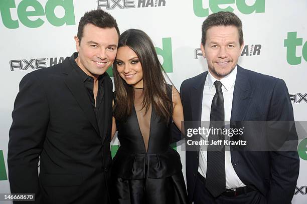 Seth MacFarlane, Mila Kunis and Mark Wahlberg arrive for the premiere of "Ted" at Grauman's Chinese Theatre on June 21, 2012 in Hollywood, California.