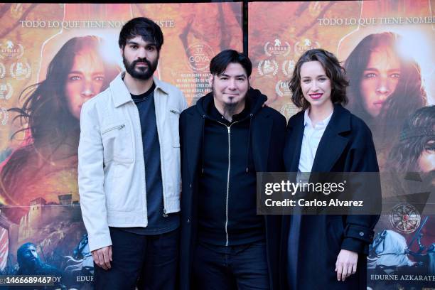 Actor Eneko Sagardoy, director Paul Urkijo and actress Edurne Azkarate attend the photocall for "Irati" at the Renoir Princesa cinema on February 16,...