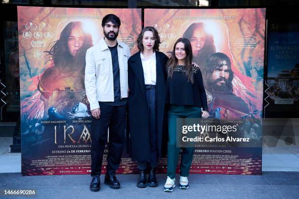 Actors Eneko Sagardoy, Edurne Azkarate and Itziar Ituño attend the photocall for "Irati" at the Renoir Princesa cinema on February 16, 2023 in...