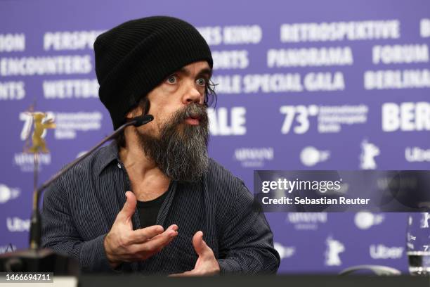 Peter Dinklage speaks at the "She Came to Me" press conference during the 73rd Berlinale International Film Festival Berlin at Grand Hyatt Hotel on...