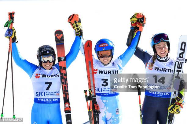 Silver medalist Federica Brignone of Italy, gold medalist Mikaela Shiffrin of United States and bronze medalist Ragnhild Mowinckel of Norway...