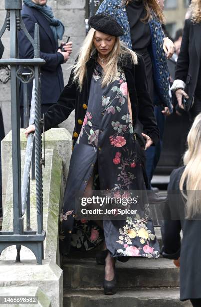 Kate Moss attends a memorial service to honour and celebrate the life of Dame Vivienne Westwood at Southwark Cathedral on February 16, 2023 in...