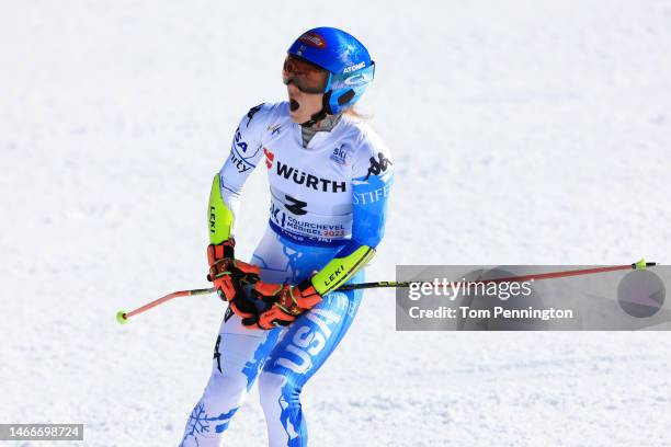 Mikaela Shiffrin of United States celebrates victory in Women's Giant Slalom at the FIS Alpine World Ski Championships on February 16, 2023 in...