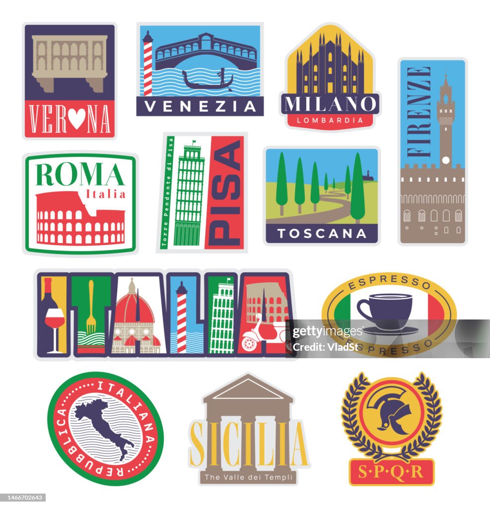 Italy Travel Stickers and Vintage Suitcase Badges with Italian Cities