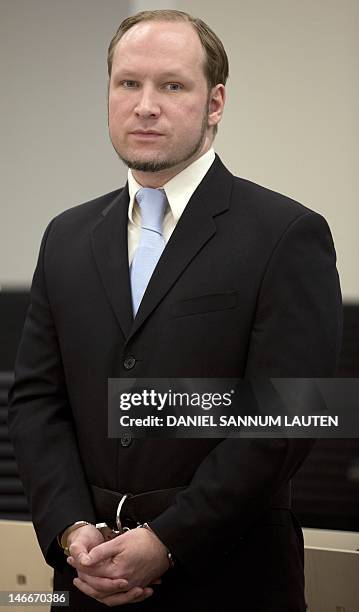 Right-wing extremist Anders Behring Breivik arrives after a break for the last day of his trial in room 250 of Oslo's central court on June 22, 2012....