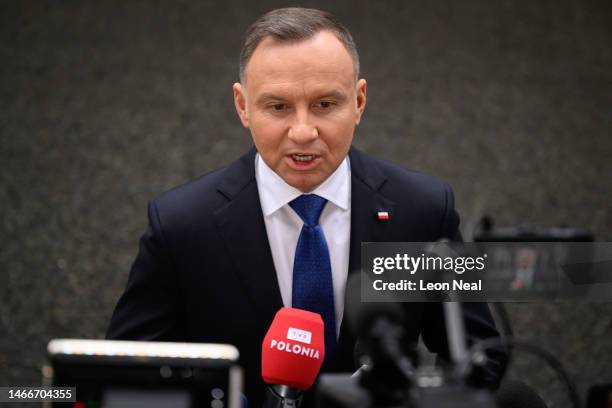 Poland's President Andrzej Duda speaks to the media following a meeting with Britain's Prime Minister Rishi Sunak at Downing Street on February 16,...