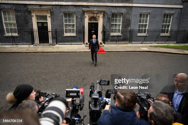 Poland's President Andrzej Duda speaks to the media following a meeting with Britain's Prime Minister Rishi Sunak at Downing Street on February 16,...