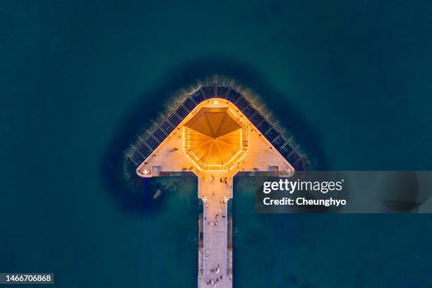 aerial view of qingdao zhanqiao pier at night - qingdao stock pictures, royalty-free photos & images