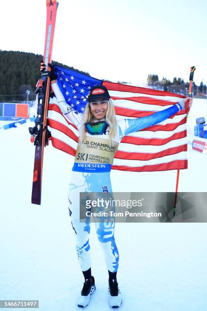 Gold medalist Mikaela Shiffrin of United States celebrates during the victory ceremony for Women's Giant Slalom at the FIS Alpine World Ski...