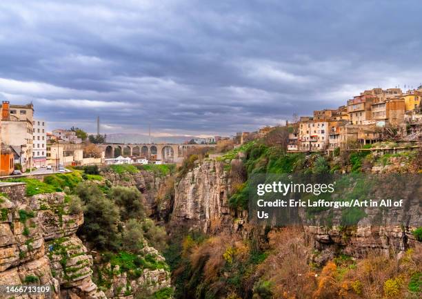 Old houses overlooking the canyon, North Africa, Constantine, Algeria on January 9, 2023 in Constantine, Algeria.