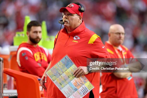Head coach Andy Reid of the Kansas City Chiefs looks on against the Philadelphia Eagles during the first quarter in Super Bowl LVII at State Farm...