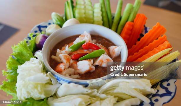 shrimp sauce thai style served with fresh vegetable - chili sauce stock pictures, royalty-free photos & images