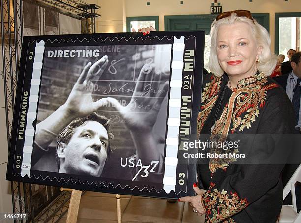 Actress Gena Rowlands unveils one of the new "American Filmmaking: Behind the Scenes" postage stamps at Fairbanks Center for Motion Picture Study on...