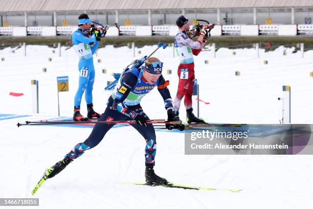 Johannes Thingnes Boe of Norway leaves the shooting area during the Single Mixed Relay at the IBU World Championships Biathlon Oberhof on February...