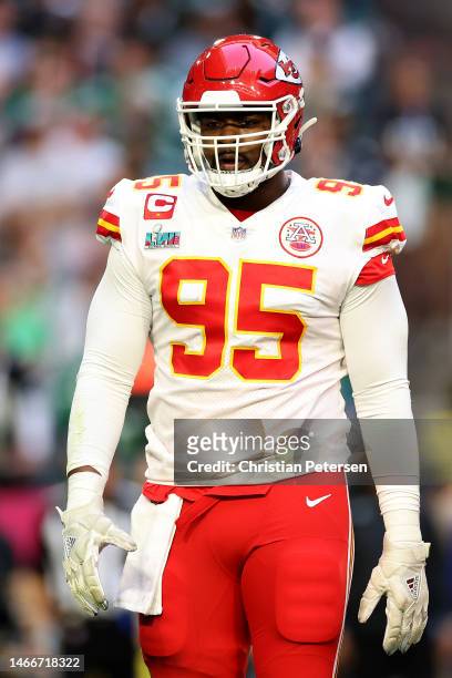 Chris Jones of the Kansas City Chiefs reacts against the Philadelphia Eagles during the first quarter in Super Bowl LVII at State Farm Stadium on...