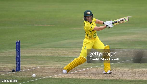 Alyssa Healy of Australia plays a shot during the ICC Women's T20 World Cup group A match between Sri Lanka and Australia at St George's Park on...