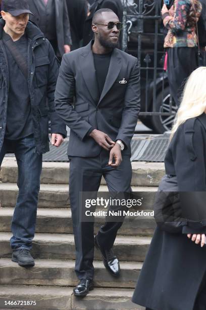 Stormzy attends a memorial service to honour & celebrate the life of Dame Vivienne Westwood Westwood on February 16, 2023 in London, England. British...