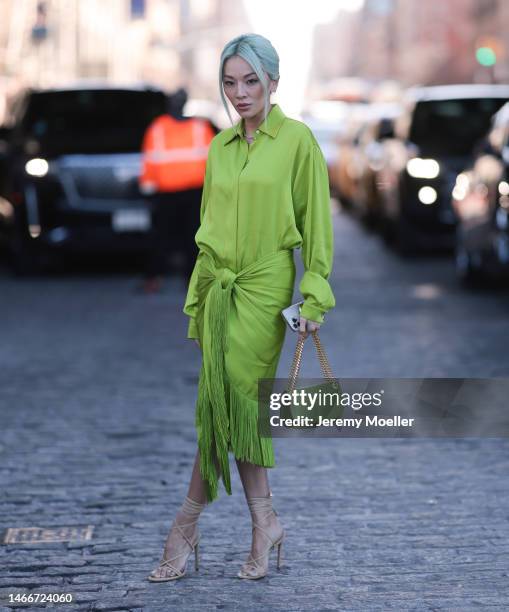 Tina Leung seen wearing a green oversized blouse and a green fringe skirt, a matching green bag and heels before the Michael Kors show on February...