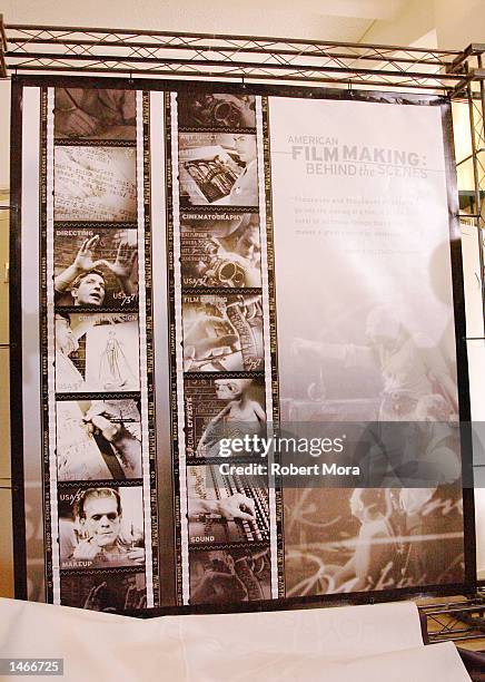 Montage of the new "American Filmmaking: Behind the Scenes" postage stamps are seen on display at their unveiling at Fairbanks Center for Motion...