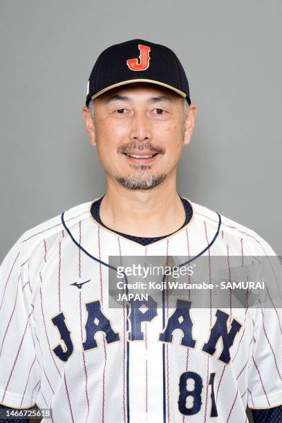 Masato Yoshii of Samurai Japan poses during the Samura Japan portrait session on February 16, 2023 in Miyazaki, Japan.