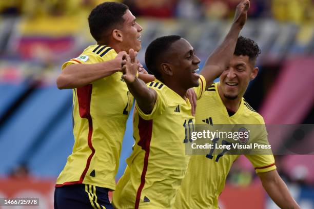 Colombia's Alexis Manyoma celebrates a goal during the South American U-20 Conmebol Tournament match between Colombia and Venezuela, in Bogota,...