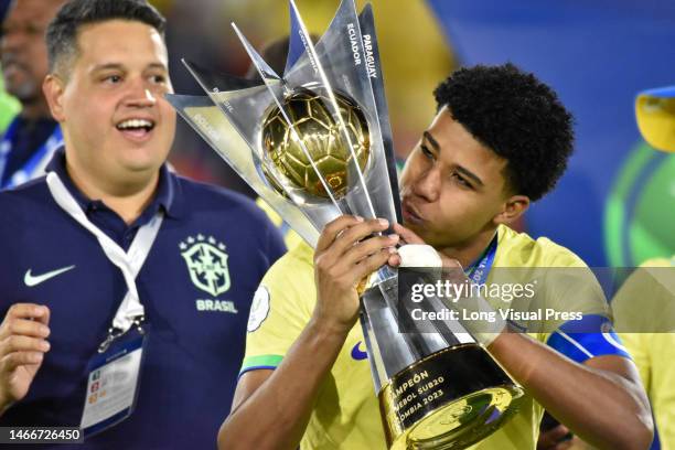 Brazil's Andrey Santos kisses the champions trophy after winning the South American U-20 Conmebol Tournament match between Brazil and Uruguay, in...