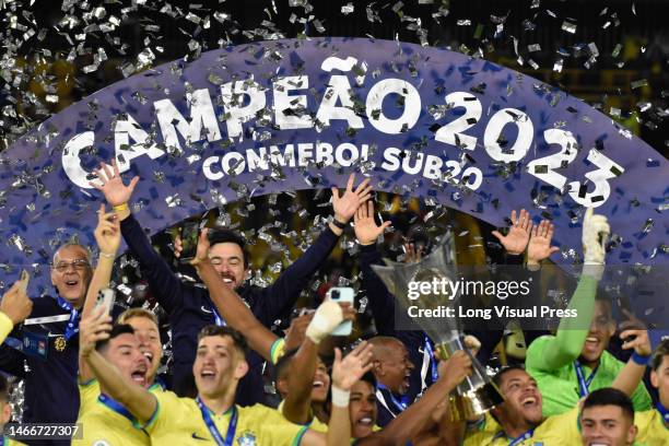 Brazil celebrates after winning the South American U-20 Conmebol Tournament match between Brazil and Uruguay, in Bogota, Colombia on February 12,...