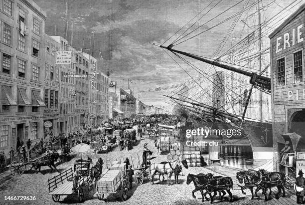 ilustrações de stock, clip art, desenhos animados e ícones de new york harbor, work and hustle and bustle, horse-drawn carriages, shops and ships - estilo do século 19