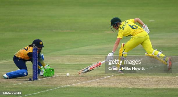 Beth Mooney of Australia attempts to make their ground during the ICC Women's T20 World Cup group A match between Sri Lanka and Australia at St...