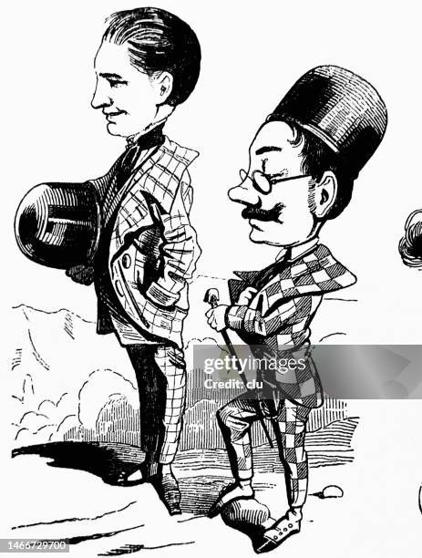 bizarre men's fashion, two men in checked clothes, stovepipe hats, full length, side view - bizarre fashion stock illustrations