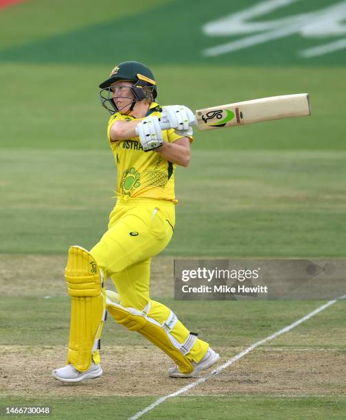 Alyssa Healy of Australia plays a shot during the ICC Women's T20 World Cup group A match between Sri Lanka and Australia at St George's Park on...