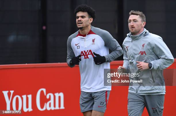 Luis Diaz of Liverpool during a training session at AXA Training Centre on February 16, 2023 in Kirkby, England.