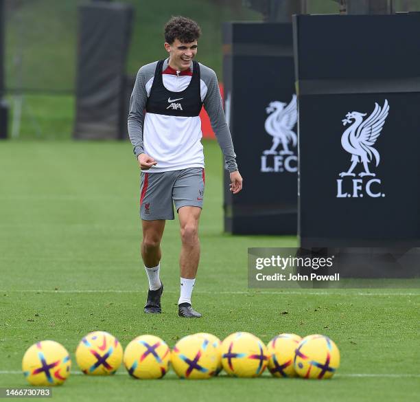 Stefan Bajcetic of Liverpool during a training session at AXA Training Centre on February 16, 2023 in Kirkby, England.