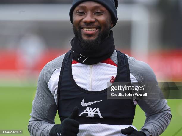 Naby Keita of Liverpool during a training session at AXA Training Centre on February 16, 2023 in Kirkby, England.