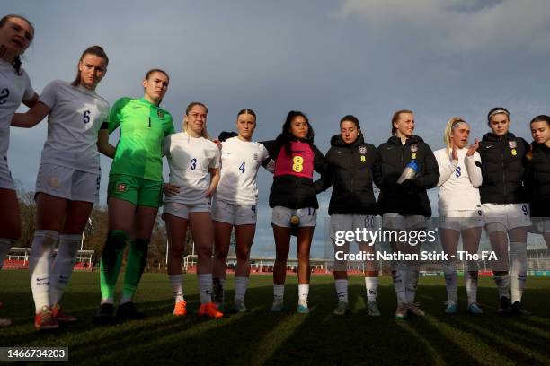 Players of England huddle following the International Friendly match between England and Spain at St George's Park on February 16, 2023 in Burton...