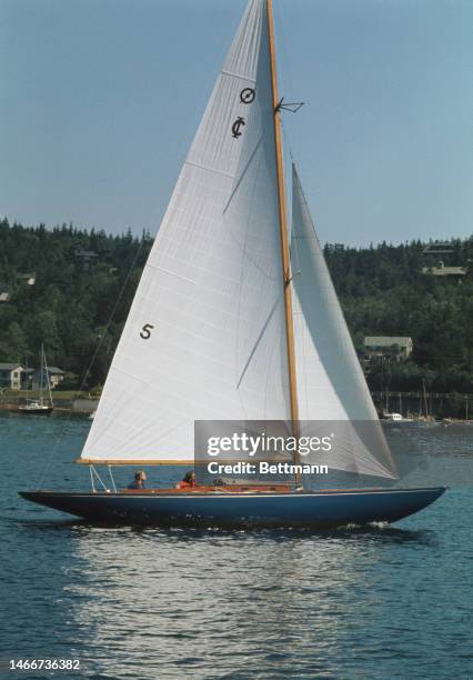 Vice President designate Nelson Rockefeller and his wife Happy sail at Seal Harbor, Maine, in their 21-foot skiff 'Queen Mary', on August 21st, 1974.