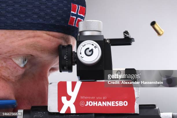 Johannes Thingnes Boe of Norway looks on during his shooting of the Single Mixed Relay at the IBU World Championships Biathlon Oberhof on February...