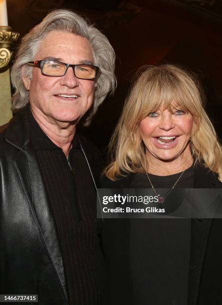 Kurt Russell and Goldie Hawn pose backstage at the hit musical "Some Like it Hot" on Broadway at The Shubert Theater on February 15, 2023 in New York...