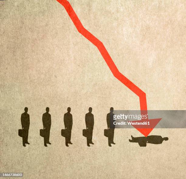 illustration of businessmen waiting in line to be struck by arrow symbolizinglayoffs - downsizing unemployment stock-grafiken, -clipart, -cartoons und -symbole