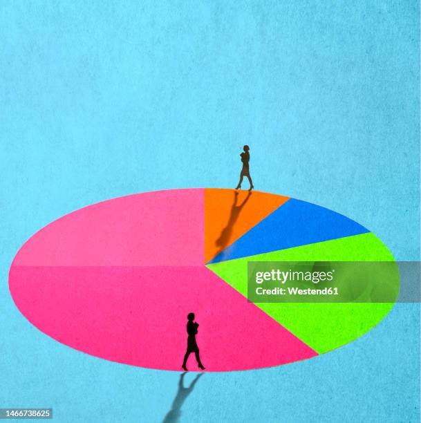 illustration of two women walking around large pie chart - large circle infographic stock illustrations