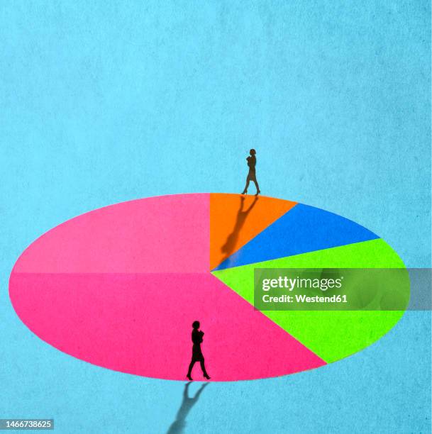 illustration of two women walking around large pie chart - perspective stock illustrations