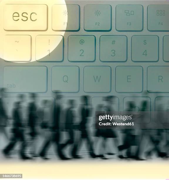 blurred motion of group of people walking past keyboard with highlighted esc key - keypad stock illustrations