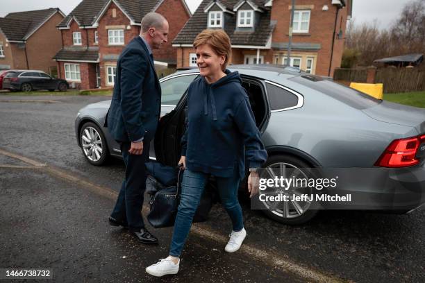 Nicola Sturgeon arrives at her home following resigning as Scotland’s First Minister yesterday on February 16, 2023 in Glasgow, United Kingdom....