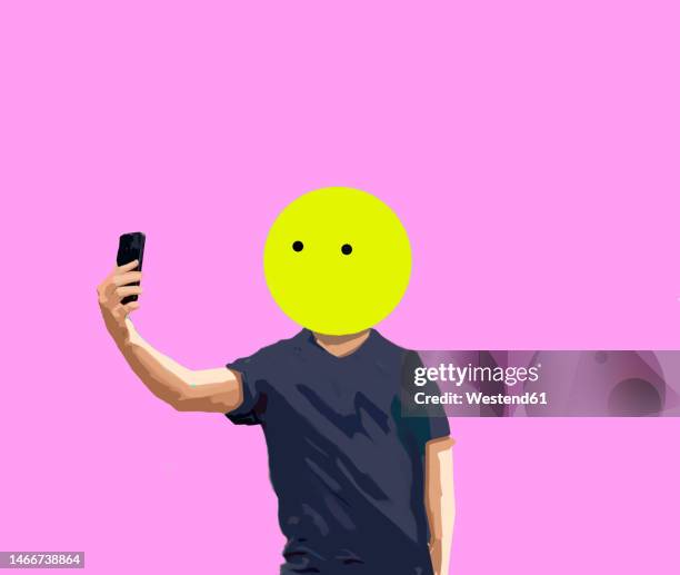 stockillustraties, clipart, cartoons en iconen met illustration of man wearing mask taking selfie - hiding from selfie