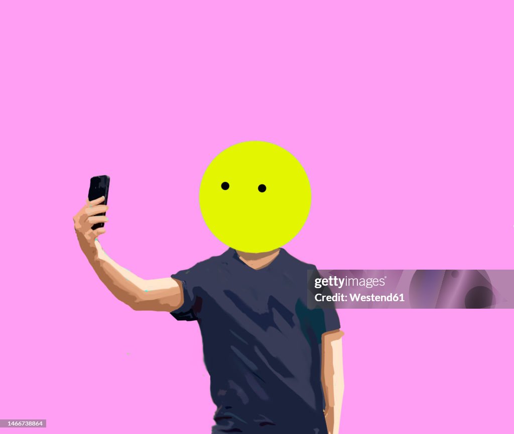 Illustration of man wearing mask taking selfie