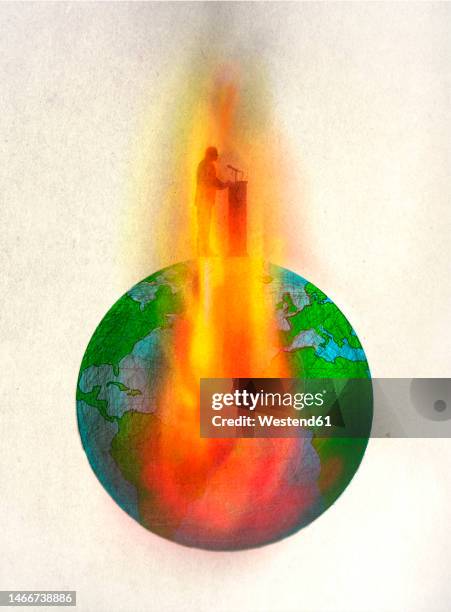 illustration of public speaker on top of burning world - speaker_(politics) stock illustrations